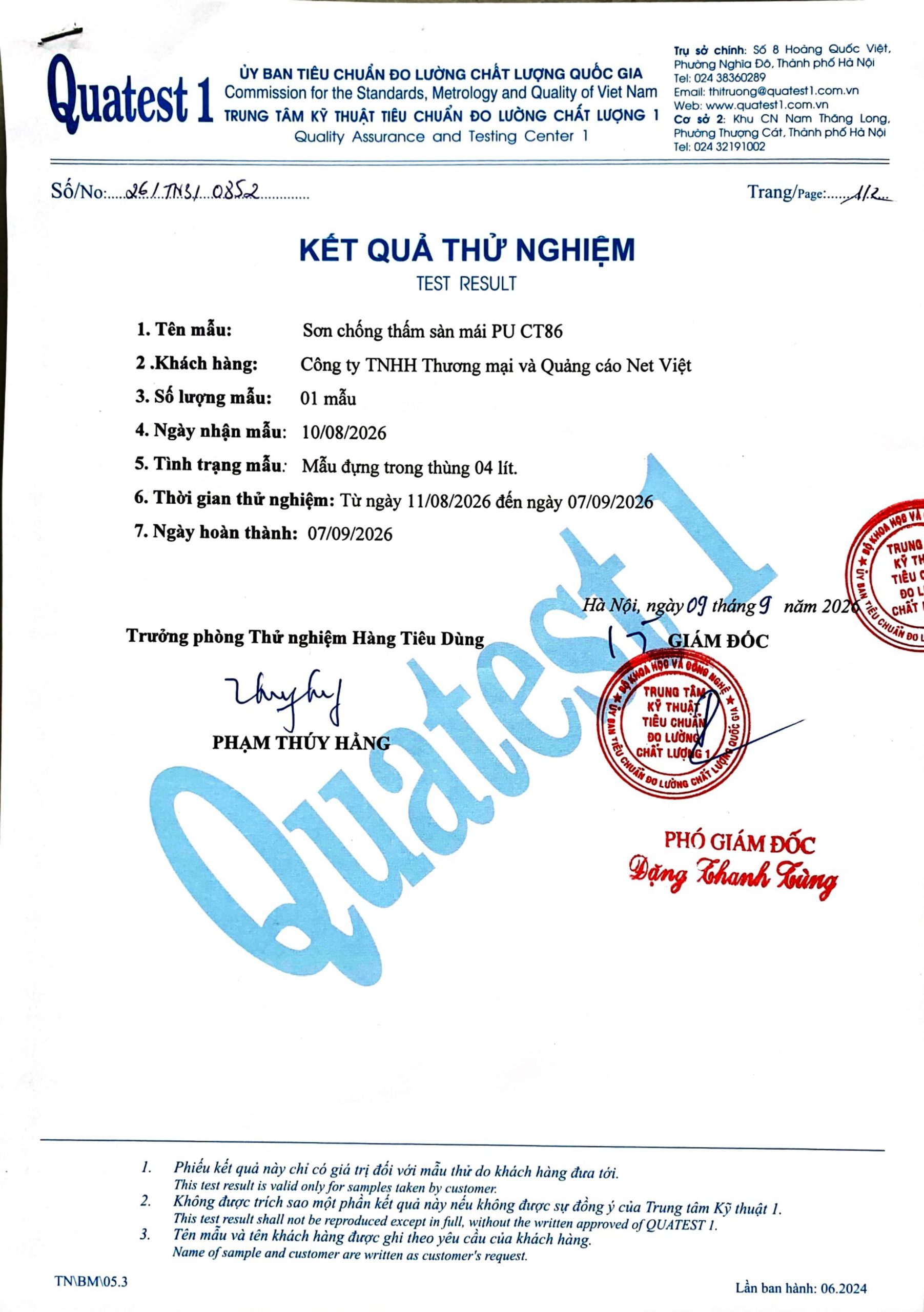 chứng nhận chất lượng sơn chống thấm neochem ct86