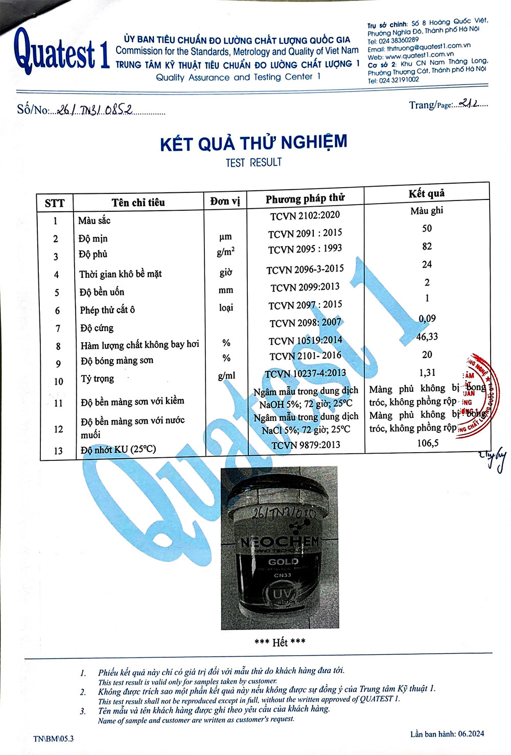 chứng nhận chất lượng sơn chống thấm neochem ct86